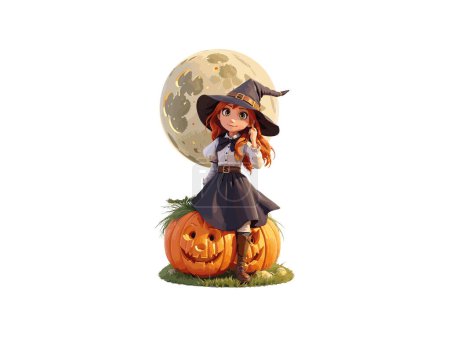 Illustration for 3D Character Cute Witch decorated with flowers and Pumpkin, Halloween concept, vector illustration Clip art. - Royalty Free Image