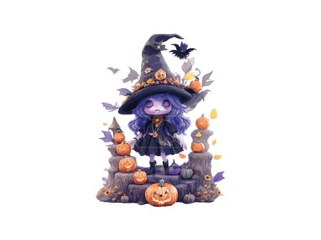 Illustration for Watercolor Witch Girl Decorated with Flowers and Pumpkins In Halloween Concept, Vector Illustration Clip art - Royalty Free Image