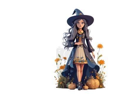 3D Character Cute Witch decorated with flowers and Pumpkin, Halloween concept, vector illustration Clip art.