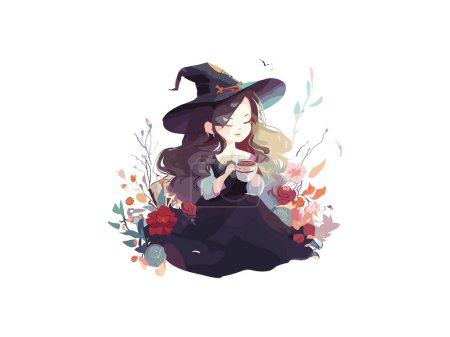 Ilustración de Linda bruja Chica en un sombrero sobre un fondo blancoDecorado por flores, ilustración gráfica, bruja estilo anime, tema de Halloween Clipart. - Imagen libre de derechos