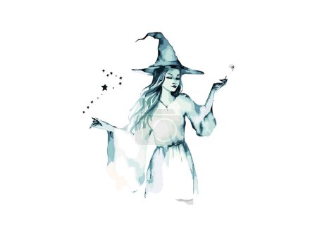Téléchargez les illustrations : Mignonne sorcière Fille dans un chapeau sur un fond blancDécoré par des fleurs, illustration graphique, sorcière de style anime, thème halloween Clipart. - en licence libre de droit