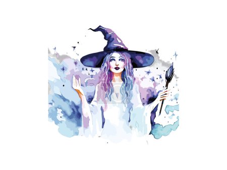 Illustration for Cute witch Girl in a hat on a white backgroundDecorated by flowers, graphic illustration, anime style witch, halloween theme Clipart. - Royalty Free Image