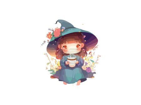 Illustration for Cute witch Girl in a hat on a white backgroundDecorated by flowers, graphic illustration, anime style witch, halloween theme Clipart. - Royalty Free Image