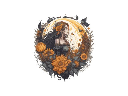 Ilustración de Acuarela bruja en bosque oscuro rodeado de árboles y flores, vector ilustración clipart - Imagen libre de derechos
