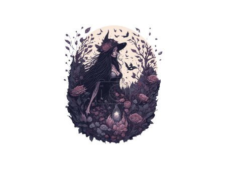 Illustration for Watercolor witch in dark forest surrounded by trees and flowers, vector illustration clipart - Royalty Free Image