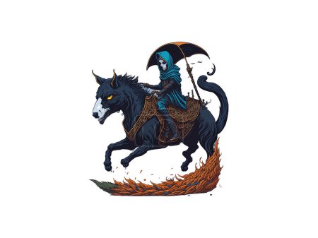 Ilustración de Grim Reaper cabalgando loco místico gato - Imagen libre de derechos