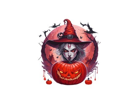 Illustration for Spooky witch face in magic crystal ball, with halloween pumpkin, watercolor vector illustration clipart, isolated in white background. - Royalty Free Image