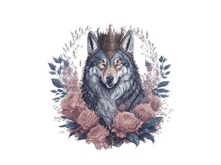 Illustration for Royal Wolf King With Flowers, Vector Illustration Clipart - Royalty Free Image