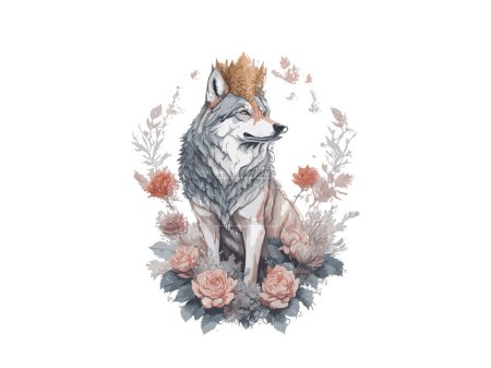 Téléchargez les illustrations : Roi loup royal avec des fleurs, Clipart d'illustration vectorielle - en licence libre de droit