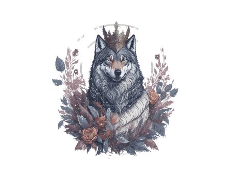 Illustration for Royal Wolf King With Flowers, Vector Illustration Clipart - Royalty Free Image