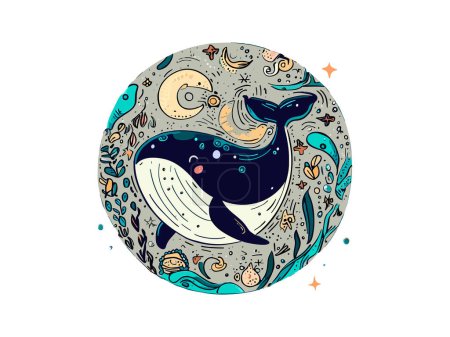 Téléchargez les photos : Baleine bleue aquarelle avec paysage marin sous-marin Illustration vectorielle Clipart - en image libre de droit