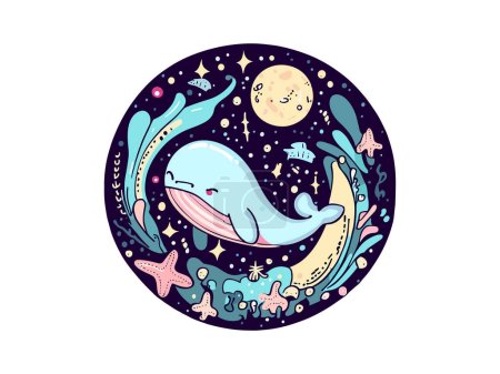 Téléchargez les illustrations : Baleine bleue aquarelle avec paysage marin sous-marin Illustration vectorielle Clipart - en licence libre de droit
