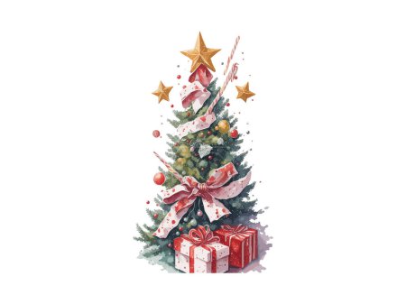 Téléchargez les illustrations : Watercolor Christmas tree with gold star and light bulb.Vector illustration Merry Christmas and New Year with Xmas tree decoration for invitation or greeting card - en licence libre de droit