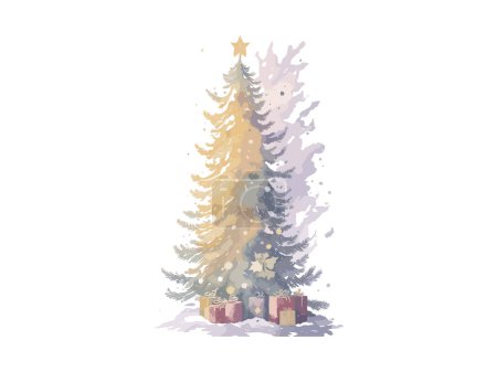 Ilustración de Watercolor Christmas tree with gold star and light bulb.Vector illustration Merry Christmas and New Year with Xmas tree decoration for invitation or greeting card - Imagen libre de derechos