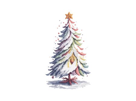 Illustration for Watercolor Christmas tree with gold star and light bulb.Vector illustration Merry Christmas and New Year with Xmas tree decoration for invitation or greeting card - Royalty Free Image