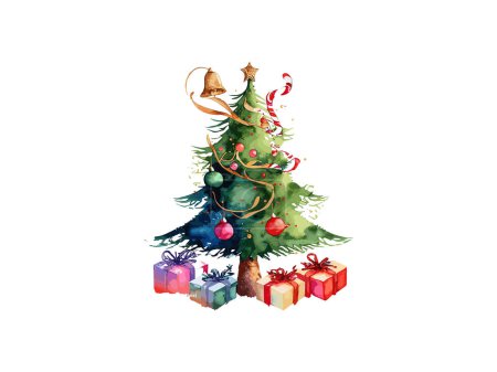 Illustration for Watercolor Decorated Christmas tree with Gifts, Vector Illustration Clipart. - Royalty Free Image