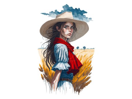 Watercolor Countryside Girl, Woman with Cowboy Hat Clip Art SVG, vector illustration