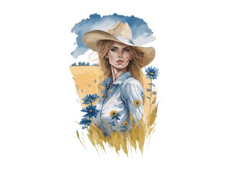 Téléchargez les illustrations : Aquarelle Campagne Fille, Femme avec Cowboy Chapeau Clip Art SVG, illustration vectorielle - en licence libre de droit