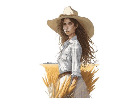 Illustration for Watercolor Countryside Girl, Woman with Cowboy Hat Clip Art SVG, vector illustration - Royalty Free Image