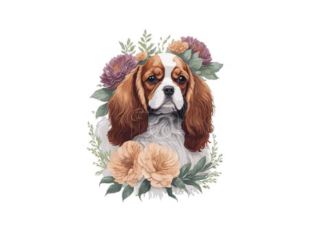 Watercolor Cute Dog with Flowers