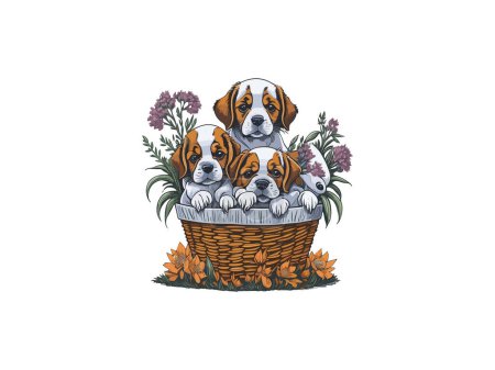 Téléchargez les illustrations : Aquarelle chien mignon avec des fleurs - en licence libre de droit