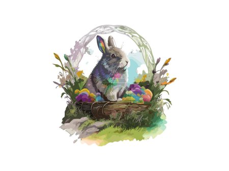 Téléchargez les illustrations : Lapin de Pâques aquarelle avec panier oeuf - en licence libre de droit