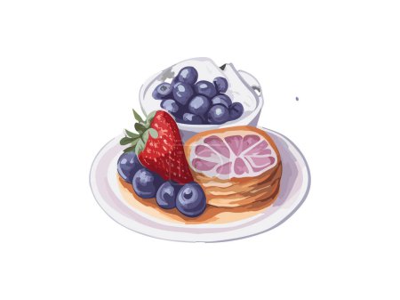 Illustration for Traditional french breakfast, French toast or Spanish torrijas, with blueberries, raspberries, sugar and coffee. - Royalty Free Image