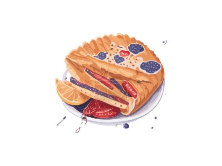 Téléchargez les illustrations : Petit déjeuner français traditionnel, pain perdu ou torrijas espagnoles, avec myrtilles, framboises, sucre et café. - en licence libre de droit