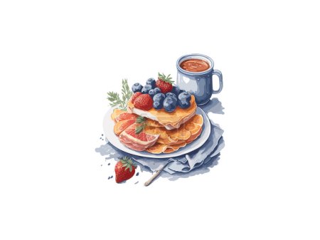 Ilustración de Desayuno francés tradicional, tostadas francesas o torrijas españolas, con arándanos, frambuesas, azúcar y café. - Imagen libre de derechos
