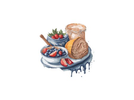 Ilustración de Desayuno francés tradicional, tostadas francesas o torrijas españolas, con arándanos, frambuesas, azúcar y café. - Imagen libre de derechos