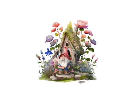 Illustration for Watercolor Gnome house Thanksgiving, fall, Mushroom, autumn leaves, sunflower. nordic magic dwarfs - Royalty Free Image