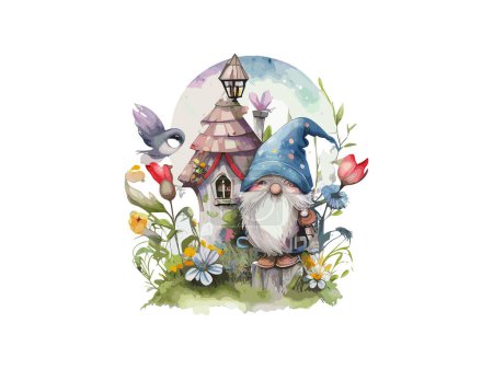 Illustration for Watercolor Gnome house Thanksgiving, fall, Mushroom, autumn leaves, sunflower. nordic magic dwarfs - Royalty Free Image