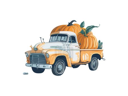 Téléchargez les illustrations : Camion de récolte d'automne aquarelle & citrouille - en licence libre de droit