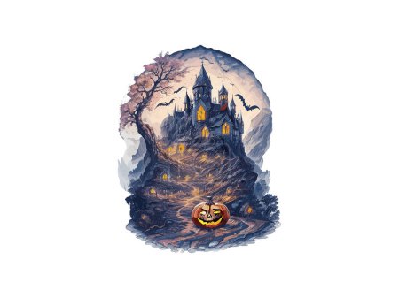 Téléchargez les illustrations : Aquarelle Halloween Maison hantée vectoriel illustration clipart - en licence libre de droit