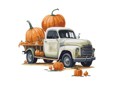 Illustration for Watercolor Fall Harvest Truck & Pumpkin - Royalty Free Image
