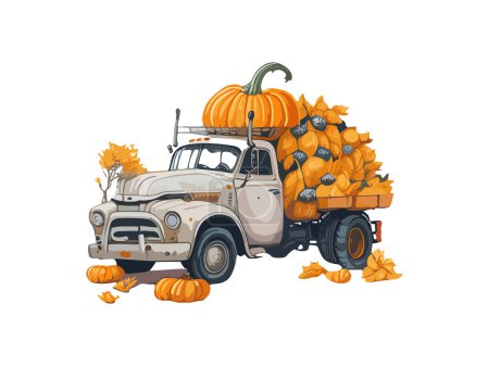 Ilustración de Camión de cosecha de caída de acuarela y calabaza - Imagen libre de derechos
