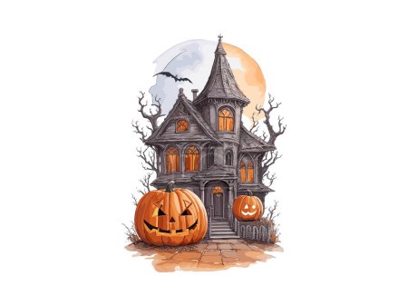 Téléchargez les illustrations : Halloween Maison hantée avec clipart d'illustration vectoriel citrouille - en licence libre de droit