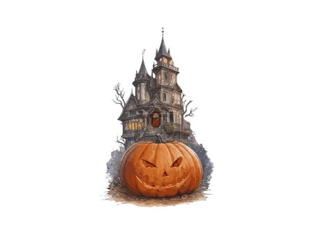 Ilustración de Halloween casa embrujada con calabaza vector ilustración clipart - Imagen libre de derechos