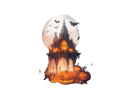 Téléchargez les illustrations : Halloween Maison hantée avec clipart d'illustration vectoriel citrouille - en licence libre de droit