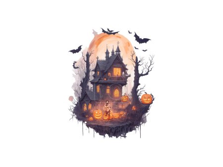 Téléchargez les illustrations : Aquarelle Halloween Maison hantée avec illustration vectorielle citrouille clip art - en licence libre de droit