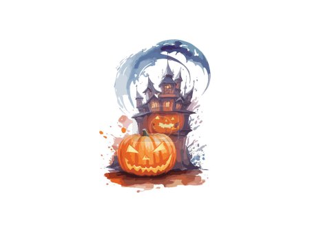 Illustration for Watercolor Halloween Haunted House with Pumpkin vector illustration clip art - Royalty Free Image