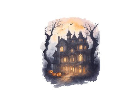 Ilustración de Acuarela Halloween casa embrujada con el vector de calabaza ilustración clip arte - Imagen libre de derechos