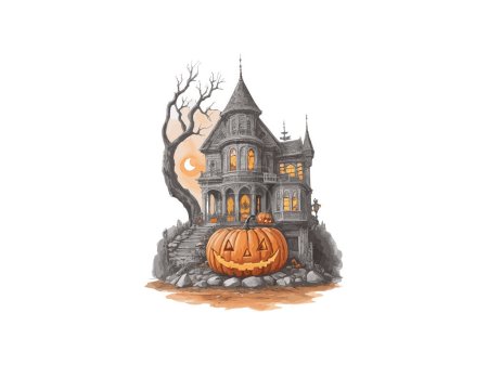 Ilustración de Acuarela Halloween casa embrujada con el vector de calabaza ilustración clip arte - Imagen libre de derechos
