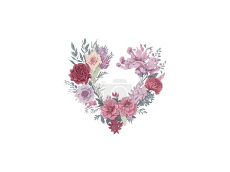 Téléchargez les illustrations : Coeur composé de roses et fleurs, valentines femmes fête des mères vecteur illustration cadre clipart - en licence libre de droit