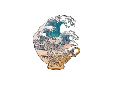 Téléchargez les illustrations : Vecteur traditionnel ramen japonais et la grande vague de kanagawa sur un bol ukiyoe style d'illustration - en licence libre de droit