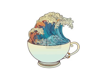 Illustration for Vector traditional japanese ramen and the great wave of kanagawa on a bowl ukiyoe style of illustration - Royalty Free Image