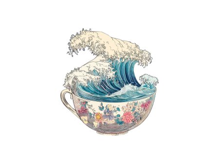 Téléchargez les illustrations : Vecteur traditionnel ramen japonais et la grande vague de kanagawa sur un bol ukiyoe style d'illustration - en licence libre de droit