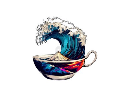 Illustration for Vector traditional japanese ramen and the great wave of kanagawa on a bowl ukiyoe style of illustration - Royalty Free Image