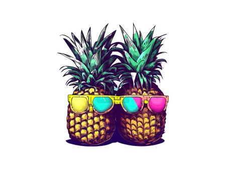 Téléchargez les illustrations : Style vintage, Illustration vectorielle ananas, concept d'été, kawaii, isolé en fond blanc - en licence libre de droit