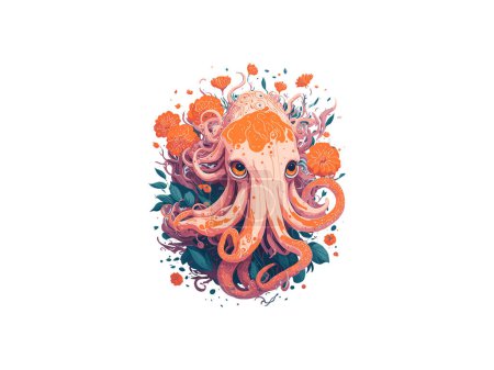 Illustration for Watercolor Octopus Clip Art, Floral Illustration, Digital Artwork - Royalty Free Image